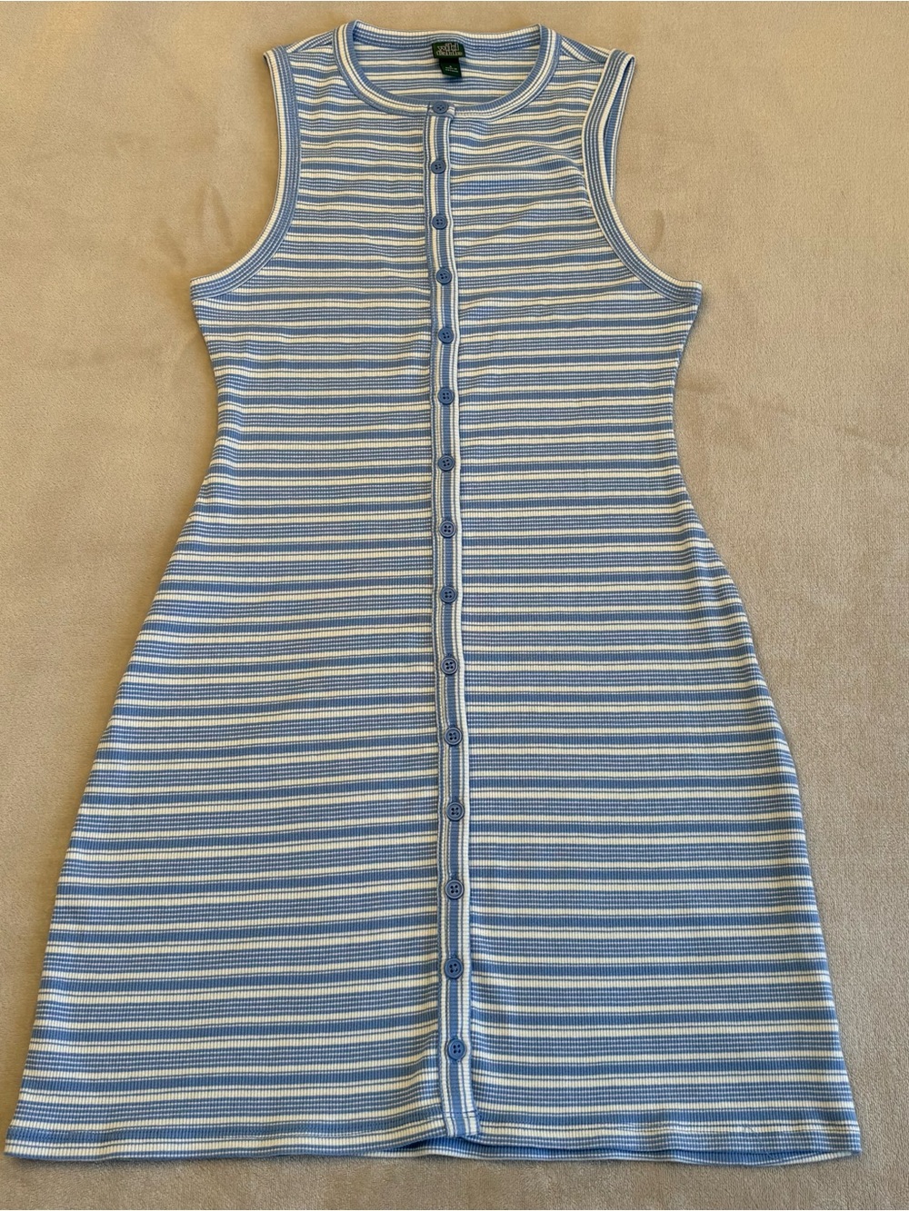 Ribbed Button-Front Tank Dress - Blue & White Stripes